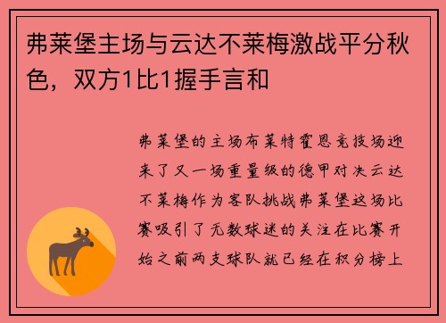 弗莱堡主场与云达不莱梅激战平分秋色，双方1比1握手言和